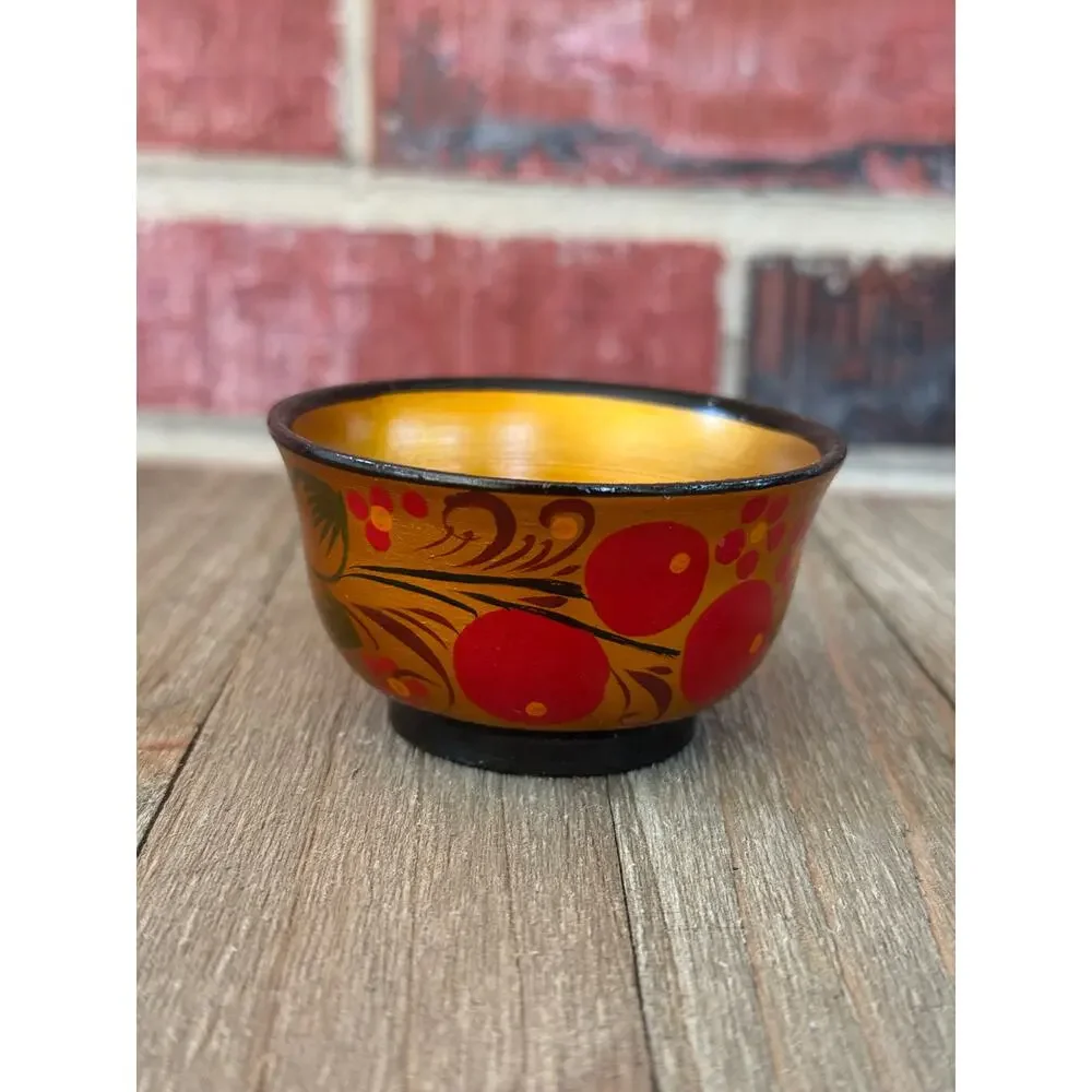 Vintage Russian Khokhloma Mini Wood Bowl Salt Cellar Folk Art